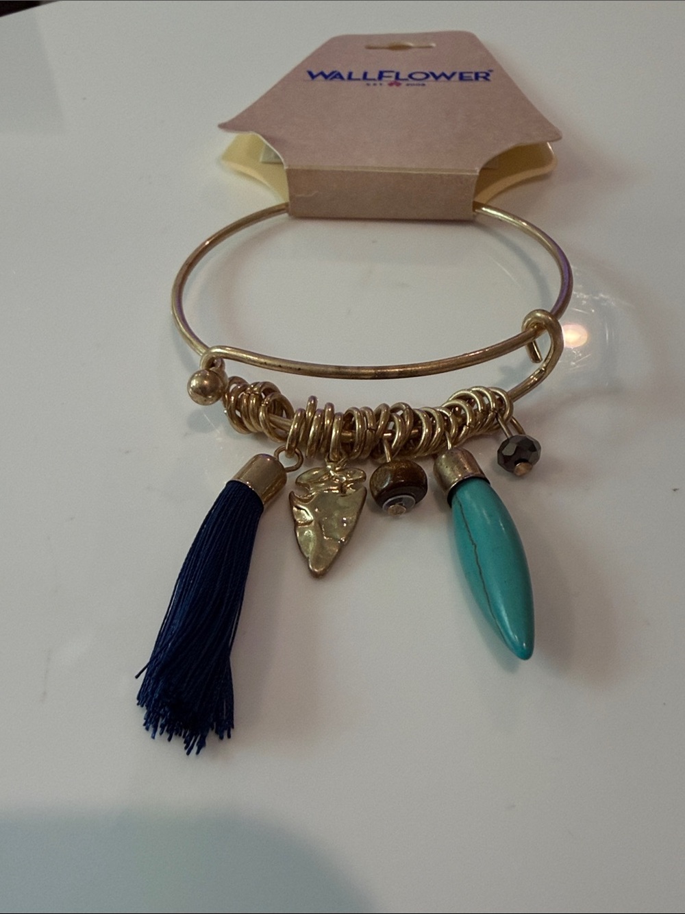 Wallflower Gold-Tone Bracelet with Navy Tassel and Turquoise Charm BRAND NEW